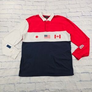 PacSun Rugby Polo Mens Large Red White Navy Flag Patches Long Sleeve Streetwear
